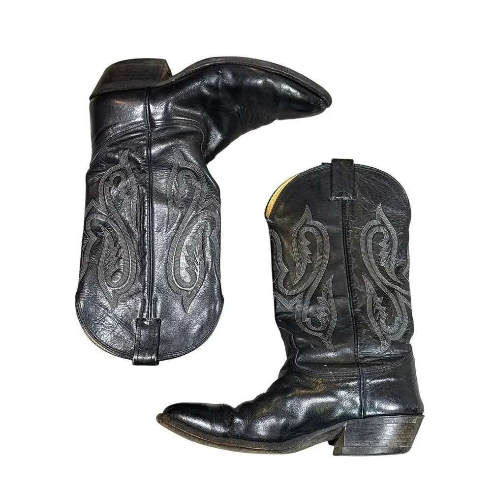 Vtg 90s NOCONA Black Men's 9 100% Leather Cowboy Boots western flame stitch USA